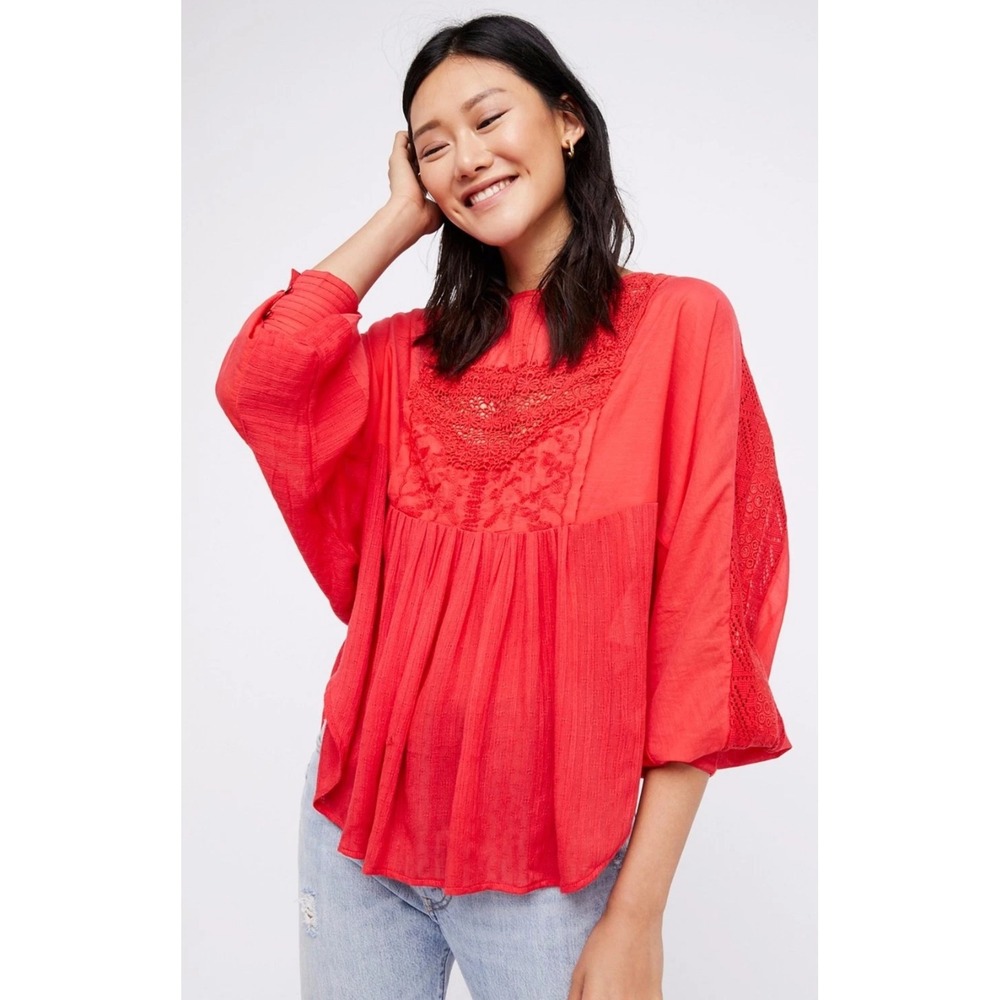 Free People Thinking of You Top Red Floral Lace‎ Trim Long Sleeve Bohemian